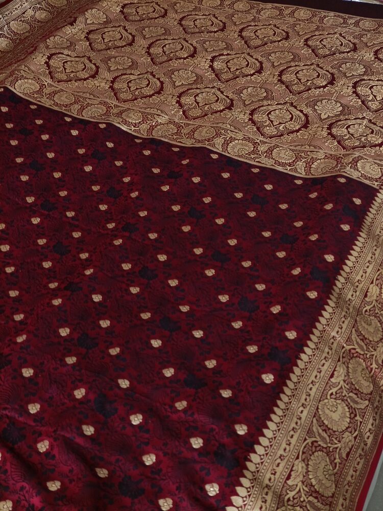 MAROON FLORAL BUTI TANCHUI BANARASI KATAN SILK SAREE