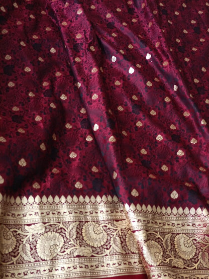 MAROON FLORAL BUTI TANCHUI BANARASI KATAN SILK SAREE