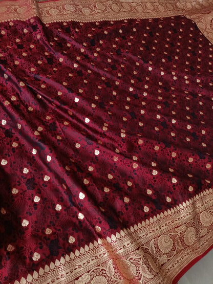 MAROON FLORAL BUTI TANCHUI BANARASI KATAN SILK SAREE