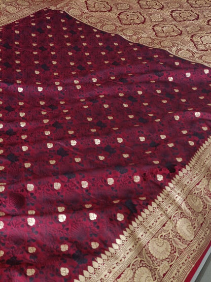 MAROON FLORAL BUTI TANCHUI BANARASI KATAN SILK SAREE