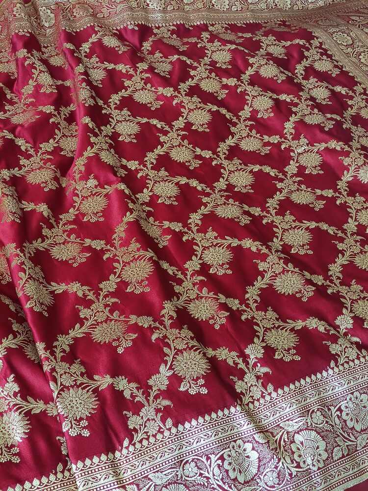 RED FLORAL JAAL BANARASI SATIN SILK SAREE