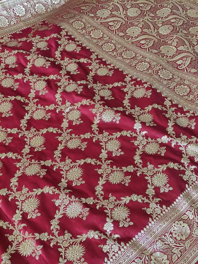 RED FLORAL JAAL BANARASI SATIN SILK SAREE