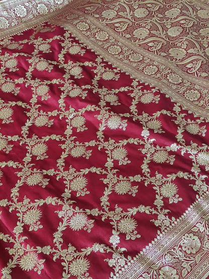 RED FLORAL JAAL BANARASI SATIN SILK SAREE