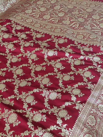 RED FLORAL JAAL BANARASI SATIN SILK SAREE