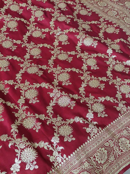 RED FLORAL JAAL BANARASI SATIN SILK SAREE