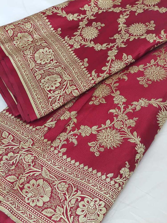 RED FLORAL JAAL BANARASI SATIN SILK SAREE