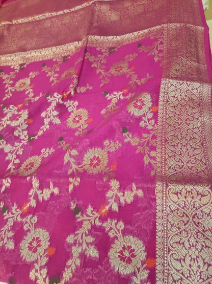 MAGENTA PINK MEENAKARI FLORAL JAAL KHADDI GEORGETTE BANARASI SAREE