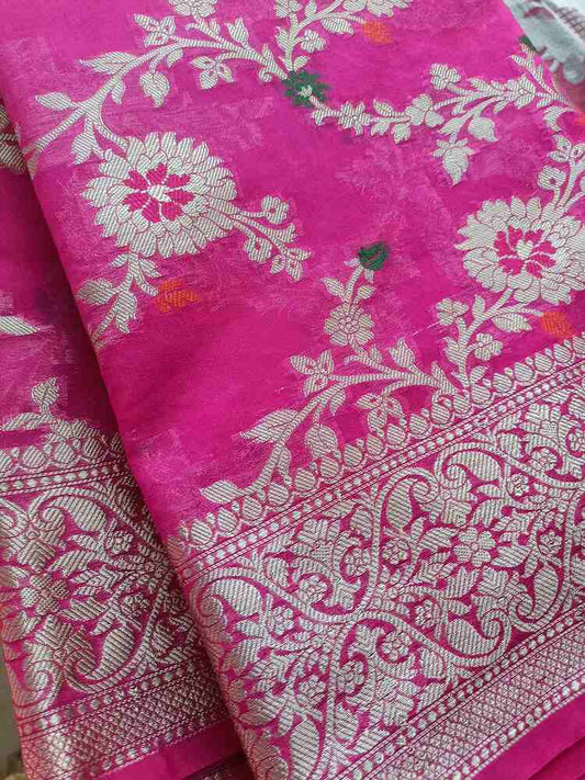 MAGENTA PINK MEENAKARI FLORAL JAAL KHADDI GEORGETTE BANARASI SAREE