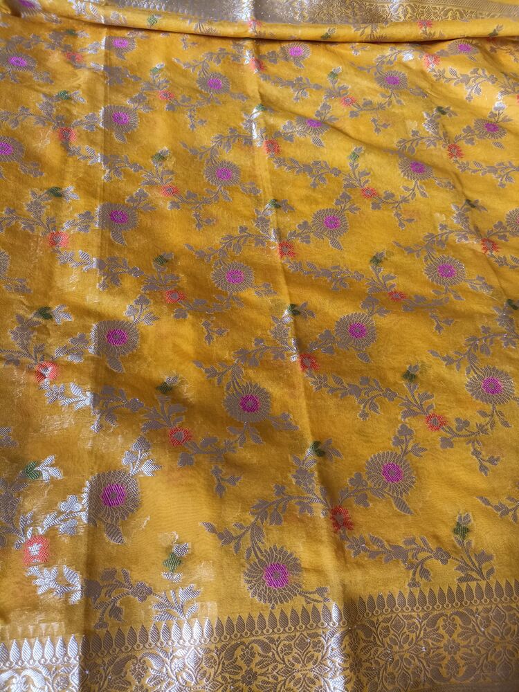 YELLOW MEENAKARI FLORAL JAAL KHADDI GEORGETTE BANARASI SAREE