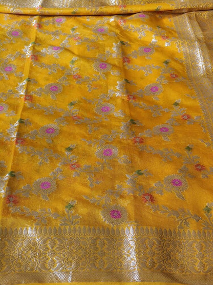 YELLOW MEENAKARI FLORAL JAAL KHADDI GEORGETTE BANARASI SAREE