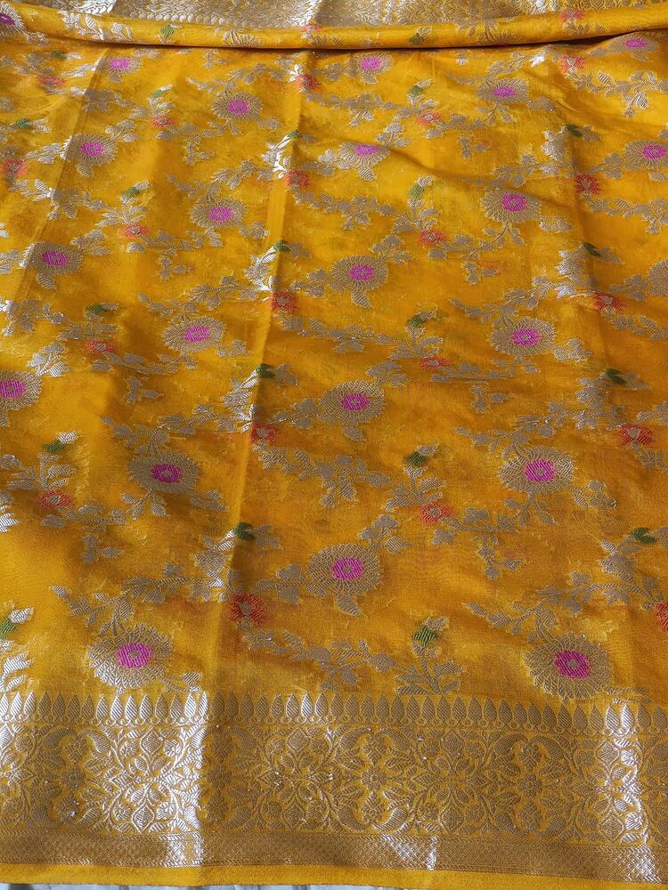 YELLOW MEENAKARI FLORAL JAAL KHADDI GEORGETTE BANARASI SAREE