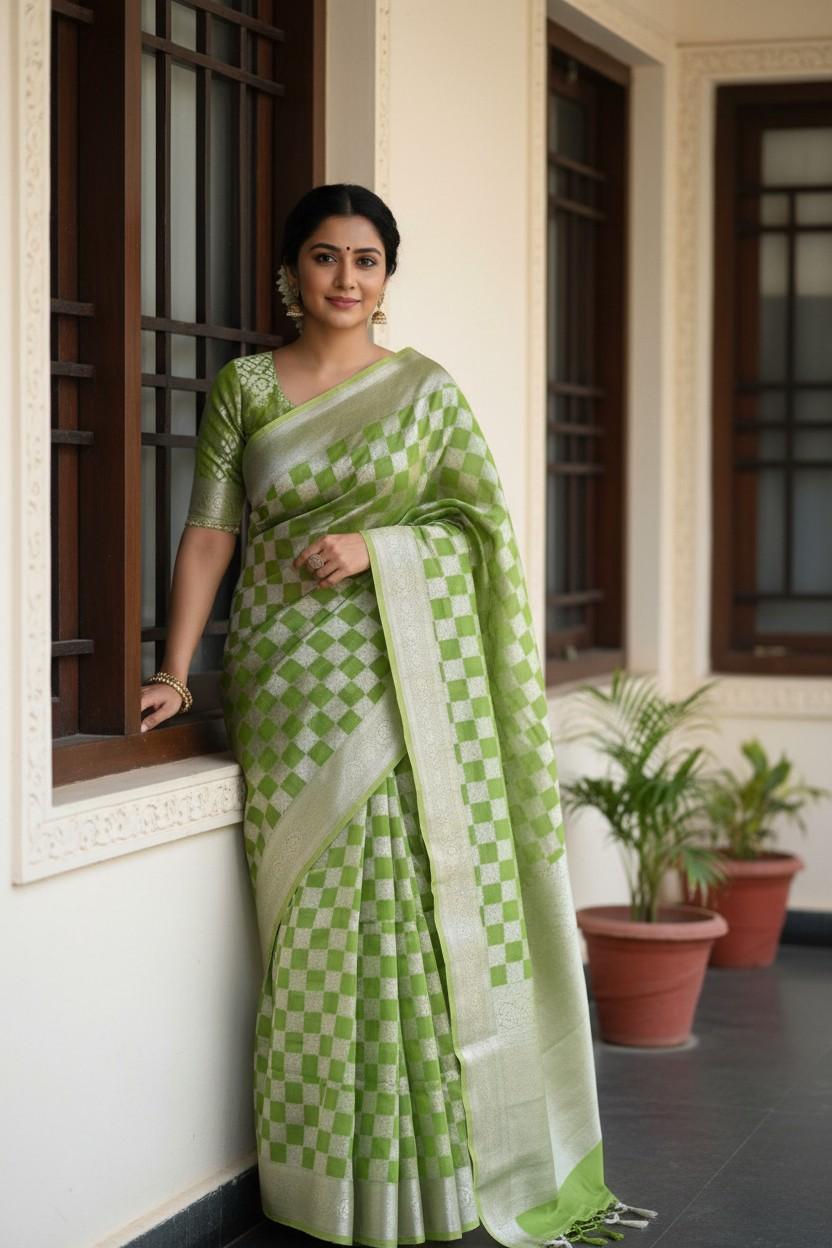PARROT GREEN BOX BANARASI COTTON WEAVE SAREE