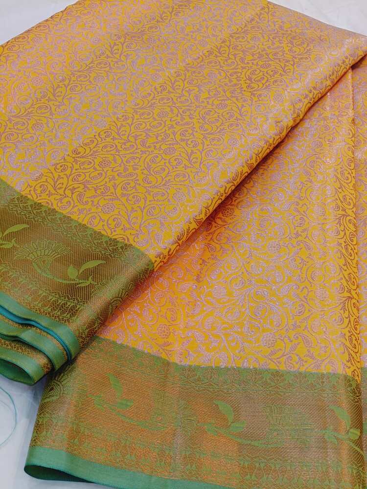 MUSTARD YELLOW FLORAL TANCHUI BROCADE SILK SAREE