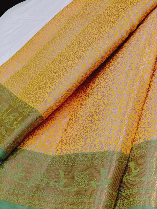 MUSTARD YELLOW FLORAL TANCHUI BROCADE SILK SAREE