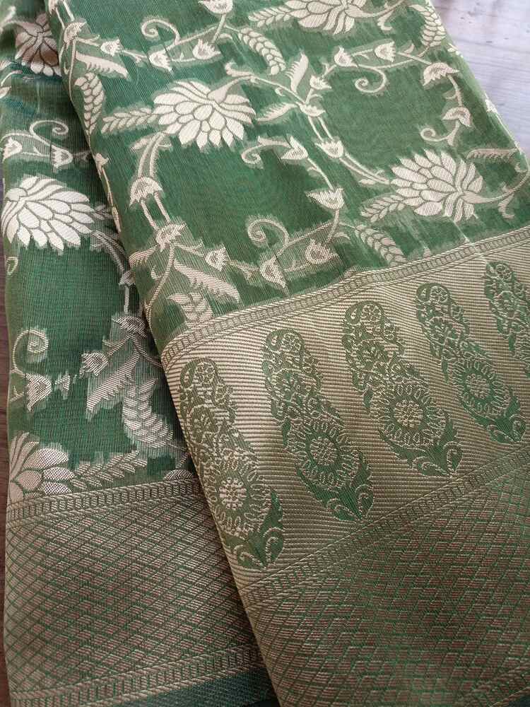 GREEN FLORAL JAAL BANARASI TISSUE COTTON SAREE