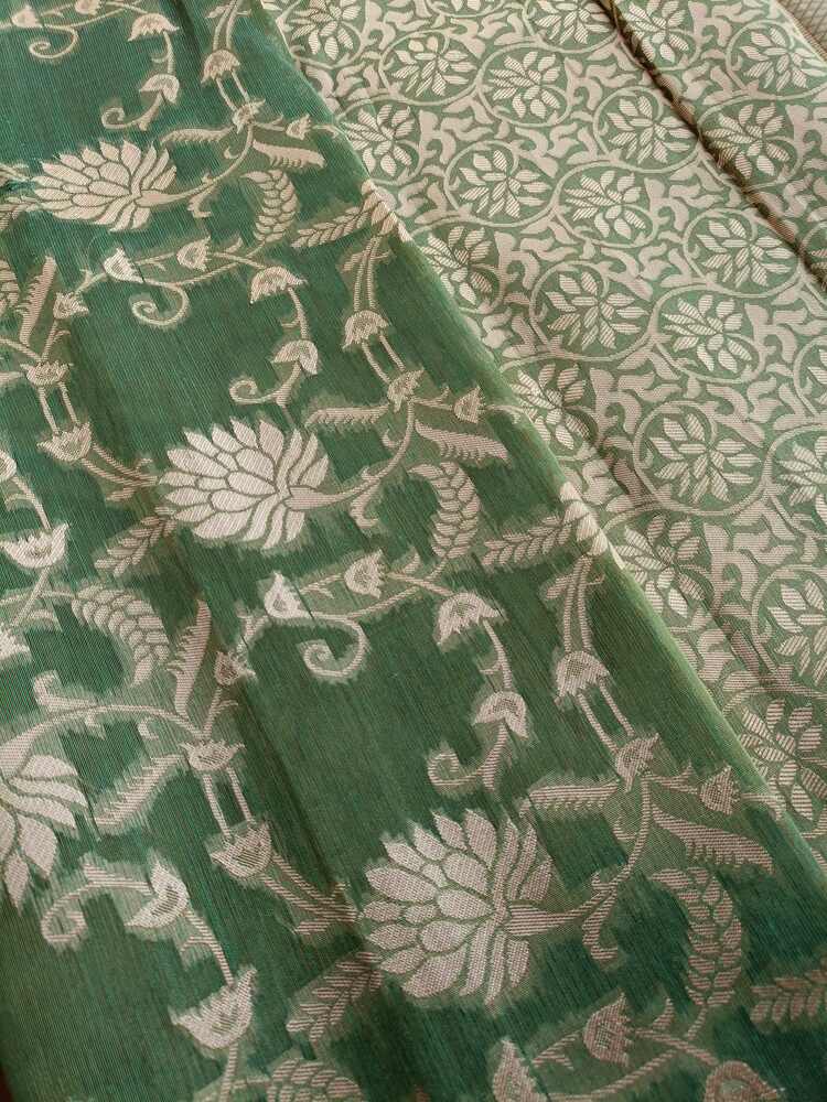 GREEN FLORAL JAAL BANARASI TISSUE COTTON SAREE