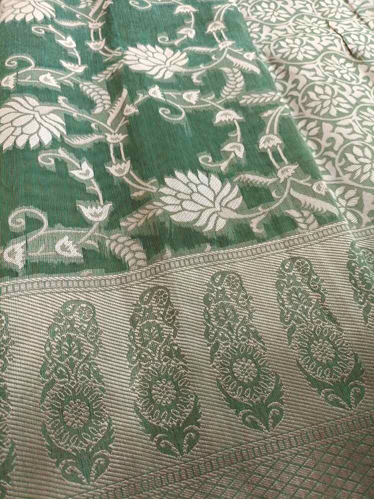 GREEN FLORAL JAAL BANARASI TISSUE COTTON SAREE