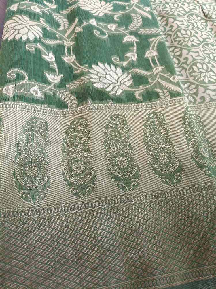 GREEN FLORAL JAAL BANARASI TISSUE COTTON SAREE