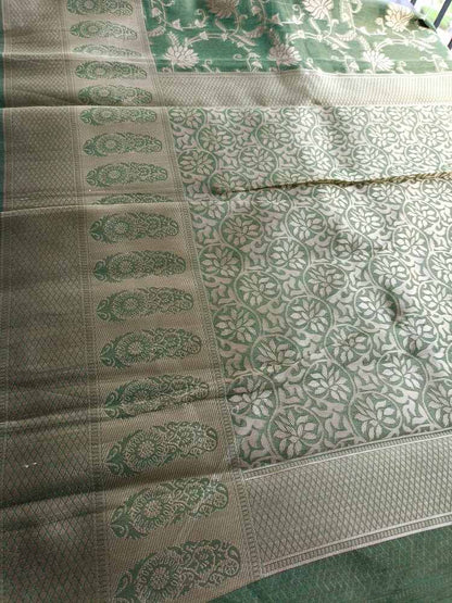 GREEN FLORAL JAAL BANARASI TISSUE COTTON SAREE