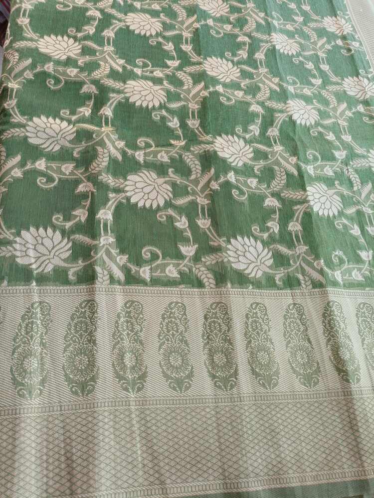 GREEN FLORAL JAAL BANARASI TISSUE COTTON SAREE