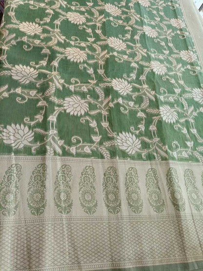 GREEN FLORAL JAAL BANARASI TISSUE COTTON SAREE