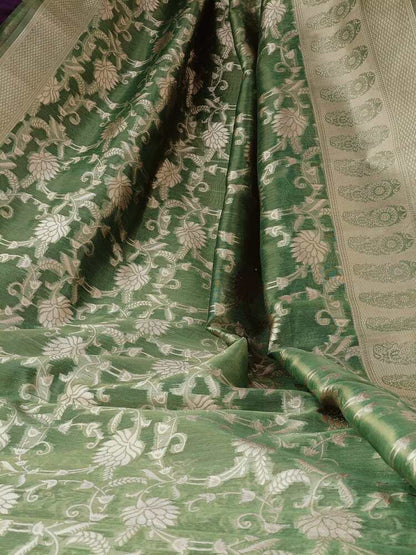 GREEN FLORAL JAAL BANARASI TISSUE COTTON SAREE