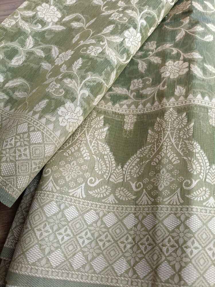 OLIVE GREEN FLORAL JAAL BANARASI TISSUE COTTON SAREE