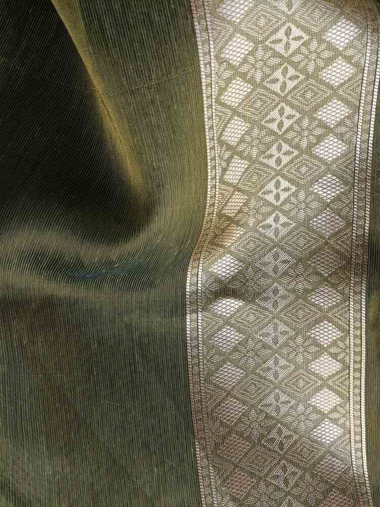 OLIVE GREEN FLORAL JAAL BANARASI TISSUE COTTON SAREE