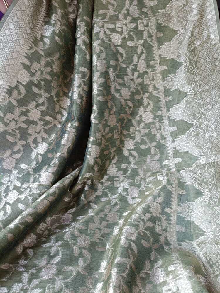 OLIVE GREEN FLORAL JAAL BANARASI TISSUE COTTON SAREE