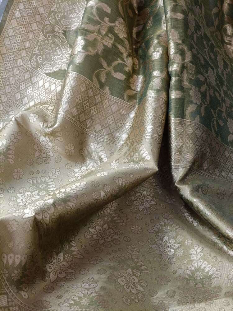 OLIVE GREEN FLORAL JAAL BANARASI TISSUE COTTON SAREE