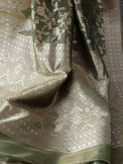 OLIVE GREEN FLORAL JAAL BANARASI TISSUE COTTON SAREE