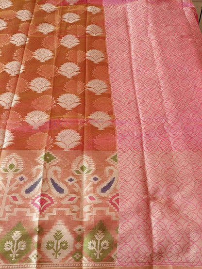 ORANGE PINK MOTIFS BANARASI KORA SILK SAREE