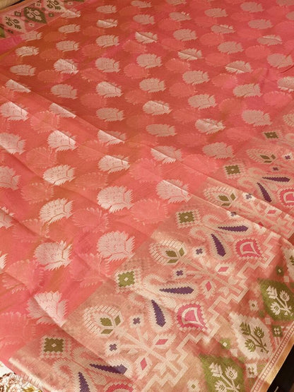 ORANGE PINK MOTIFS BANARASI KORA SILK SAREE