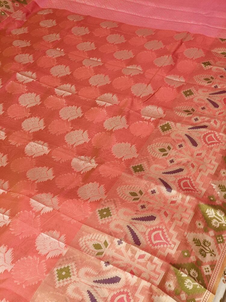 ORANGE PINK MOTIFS BANARASI KORA SILK SAREE