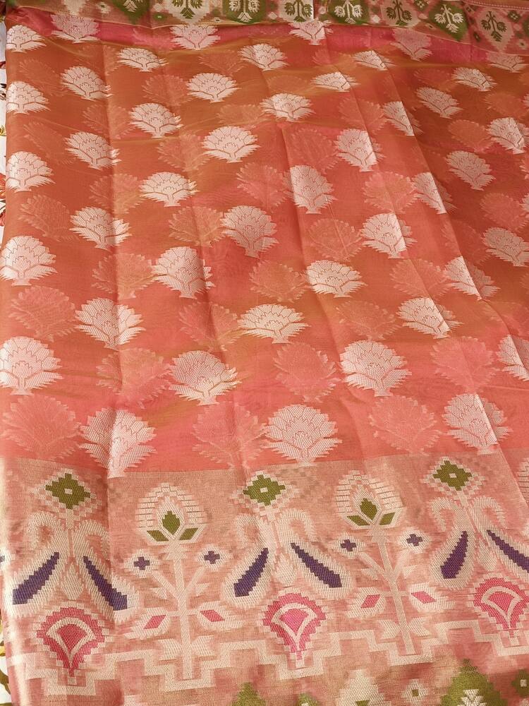 ORANGE PINK MOTIFS BANARASI KORA SILK SAREE