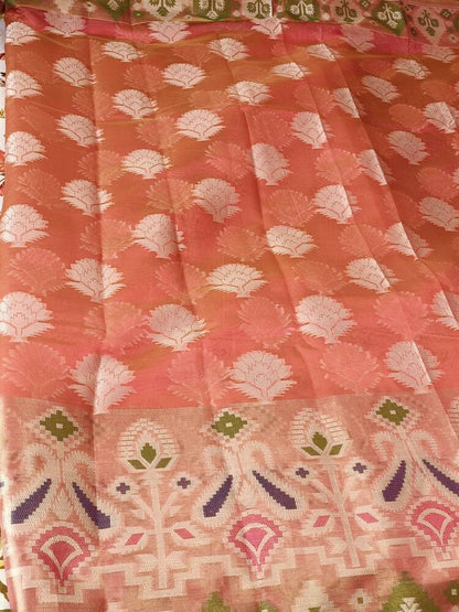 ORANGE PINK MOTIFS BANARASI KORA SILK SAREE