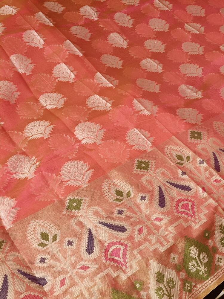 ORANGE PINK MOTIFS BANARASI KORA SILK SAREE