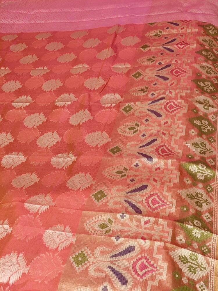 ORANGE PINK MOTIFS BANARASI KORA SILK SAREE