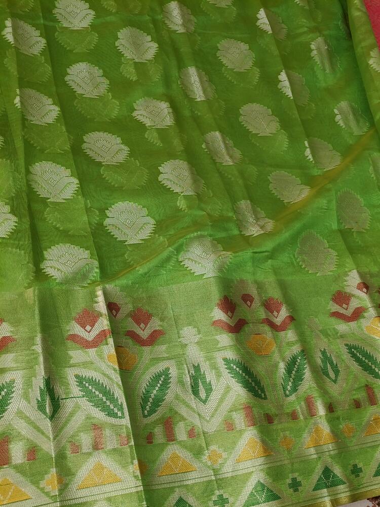 GREEN MOTIFS BANARASI KORA SILK SAREE