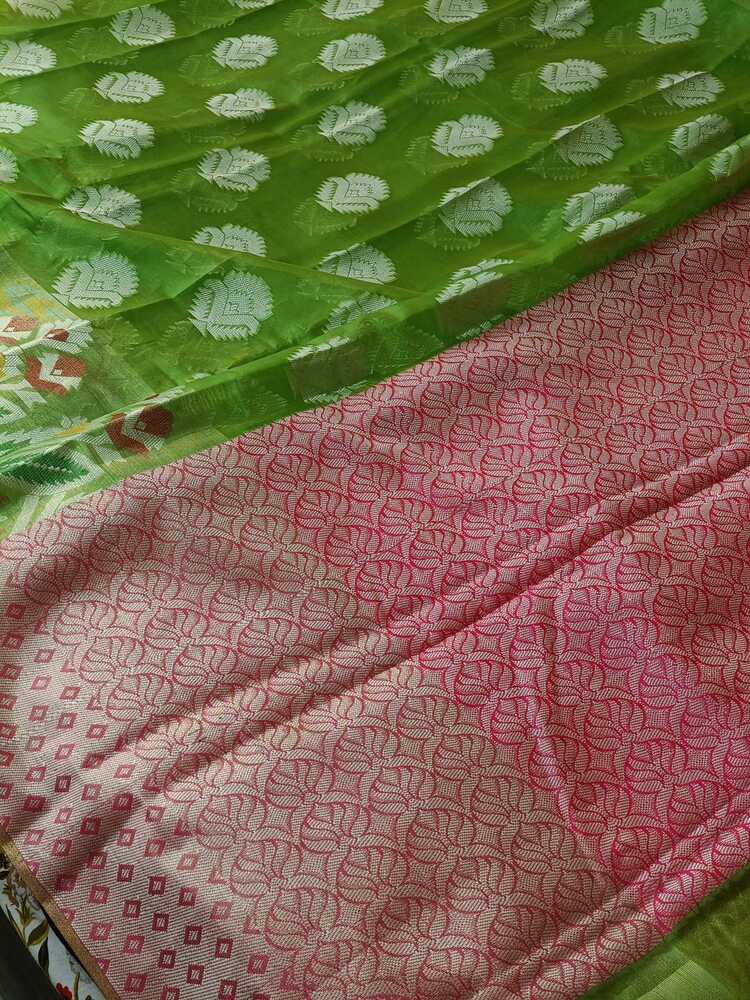 GREEN MOTIFS BANARASI KORA SILK SAREE