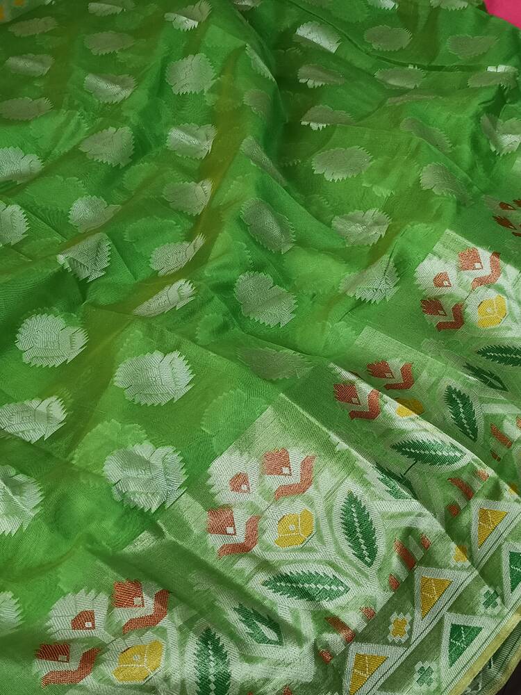 GREEN MOTIFS BANARASI KORA SILK SAREE