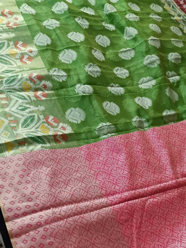 GREEN MOTIFS BANARASI KORA SILK SAREE