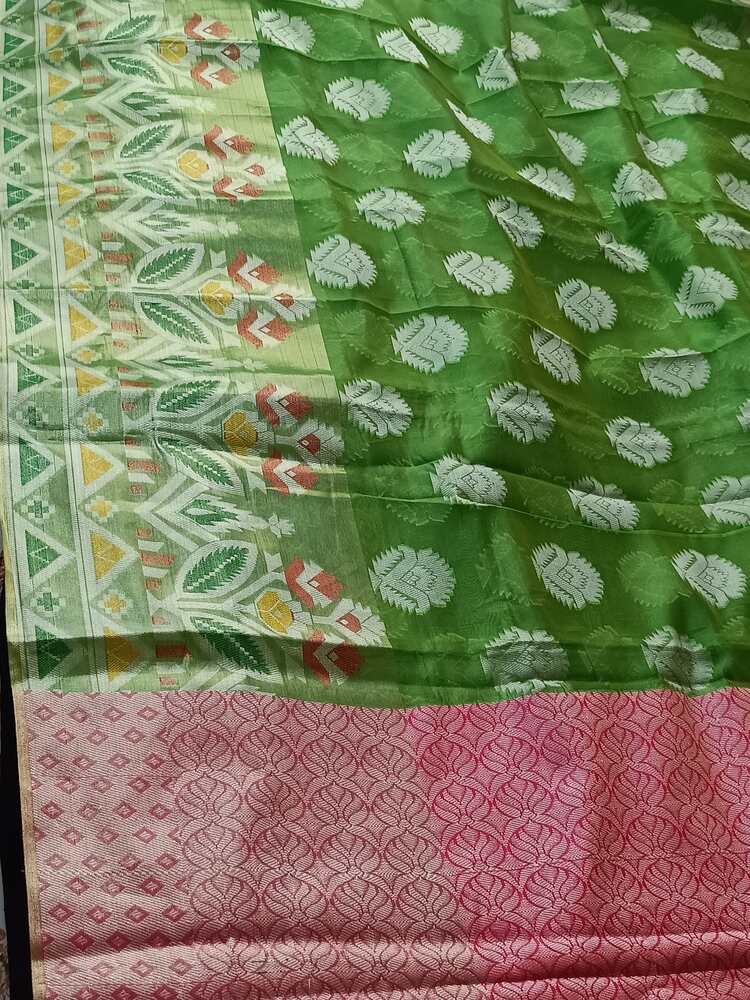 GREEN MOTIFS BANARASI KORA SILK SAREE