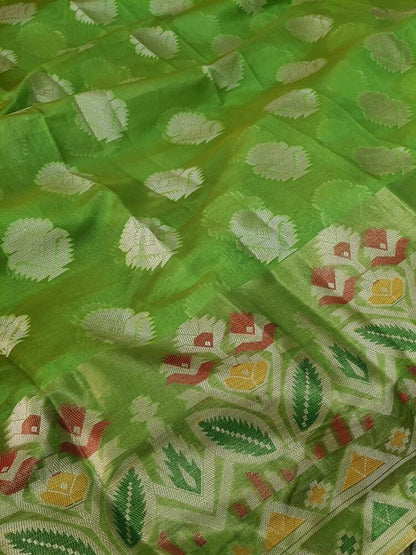 GREEN MOTIFS BANARASI KORA SILK SAREE