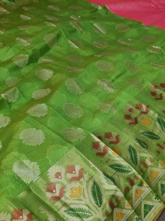 GREEN MOTIFS BANARASI KORA SILK SAREE