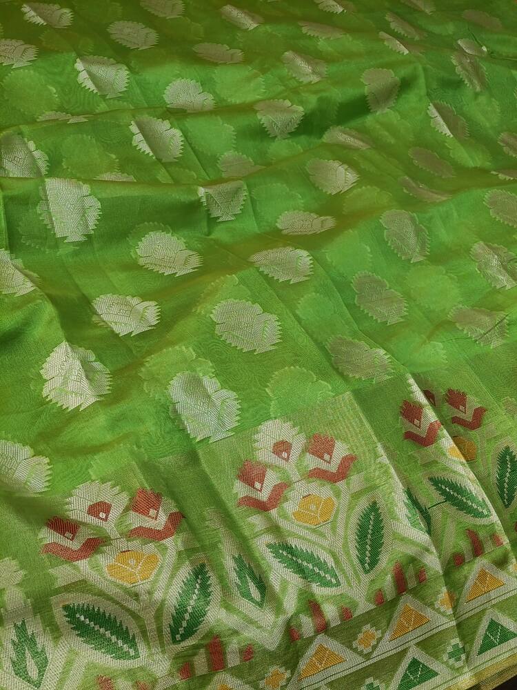 GREEN MOTIFS BANARASI KORA SILK SAREE