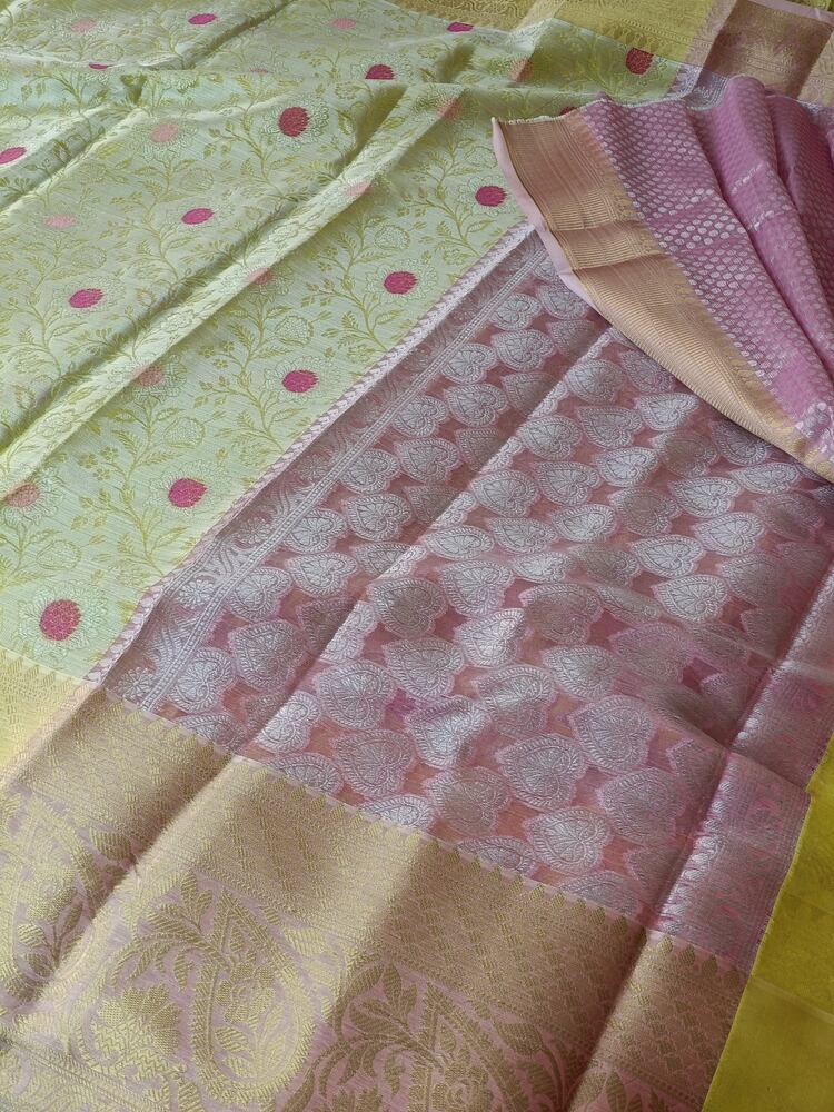 PASTEL YELLOW FLORAL TANCHUI BANARASI BROCADE SILK SAREE