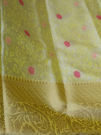 PASTEL YELLOW FLORAL TANCHUI BANARASI BROCADE SILK SAREE