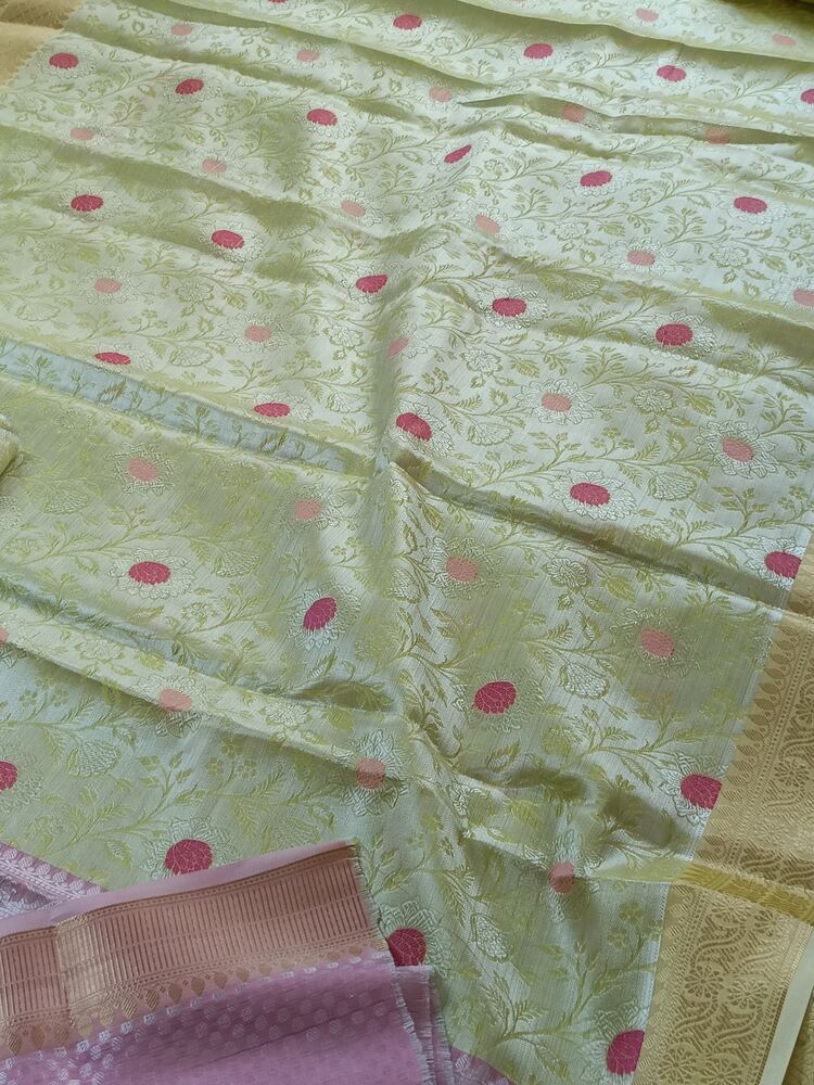 PASTEL YELLOW FLORAL TANCHUI BANARASI BROCADE SILK SAREE