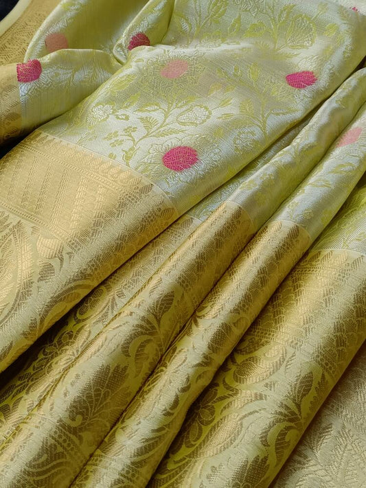 PASTEL YELLOW FLORAL TANCHUI BANARASI BROCADE SILK SAREE